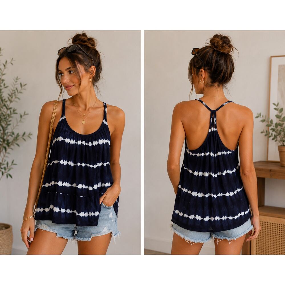 LOFT Navy & White Tie-Dye Racerback Swing Tank Top | Size Large